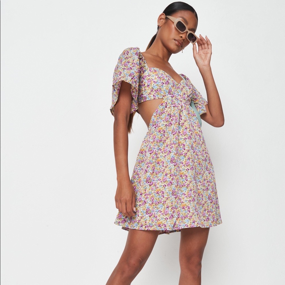 Purple Floral Print Cut Out Skater Dress Size 6